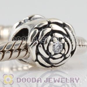 925 Sterling Silver Blooming Rose charm beads with clear CZ stones