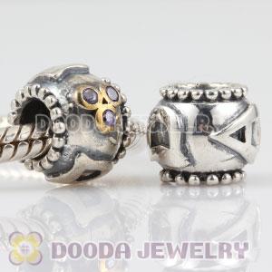 Antique Sterling Silver DAD charm beads with violet CZ stones