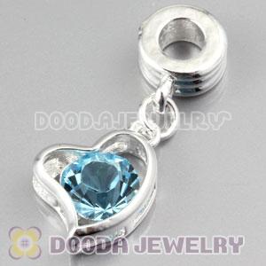 Silver plated alloy european beads dangle Heart charms with Cyan stone