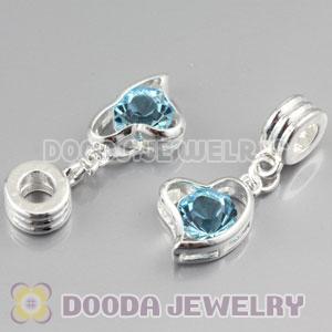 Silver plated alloy european beads dangle Heart charms with Cyan stone