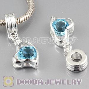 Silver plated alloy european beads dangle Heart charms with Cyan stone