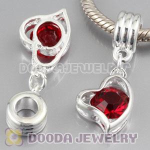 Silver plated alloy european beads dangle Heart charms with Red stone