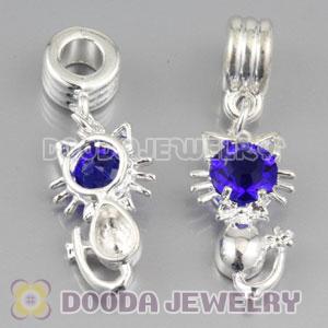 Silver plated alloy european beads dangle Cat charms with Blue stone