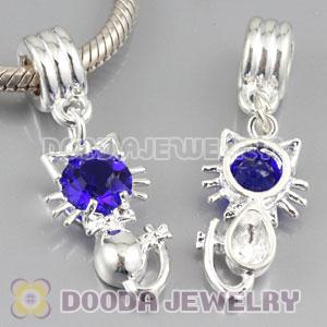 Silver plated alloy european beads dangle Cat charms with Blue stone