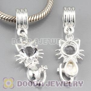 Silver plated alloy european beads dangle Cat charms with Clear stone