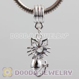 Silver plated alloy european beads dangle Cat charms with Clear stone