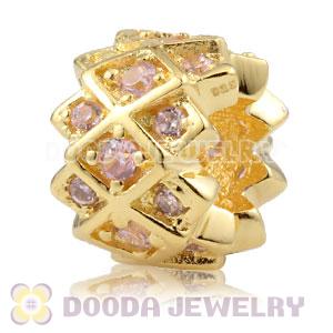 Gold plated Sterling Silver Grid charm Beads with Pink stones