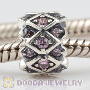 925 Sterling Silver Grid charm Beads with Pink stones