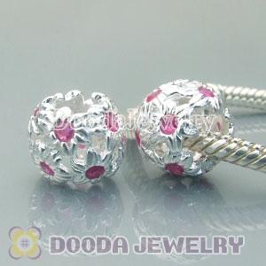 Solid Sterling Silver European Style Beads with Pink Stone