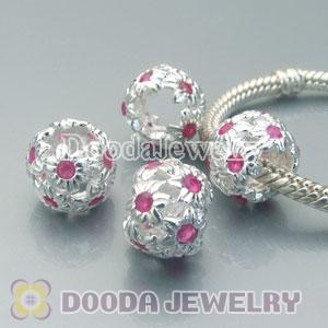 Solid Sterling Silver European Style Beads with Pink Stone