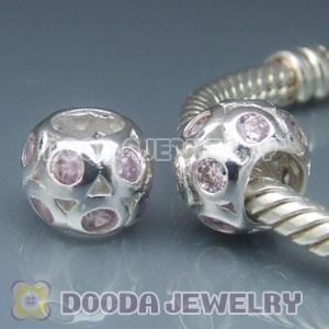 Solid Sterling Silver European Style Beads with Pink Stone